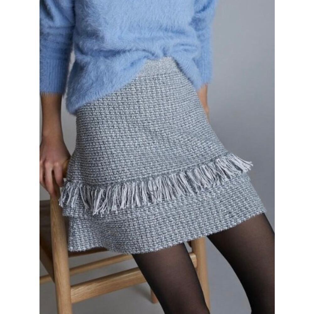 Anthropologie Maeve Tamara Fringed Mini Sweater Skirt Size M Gray